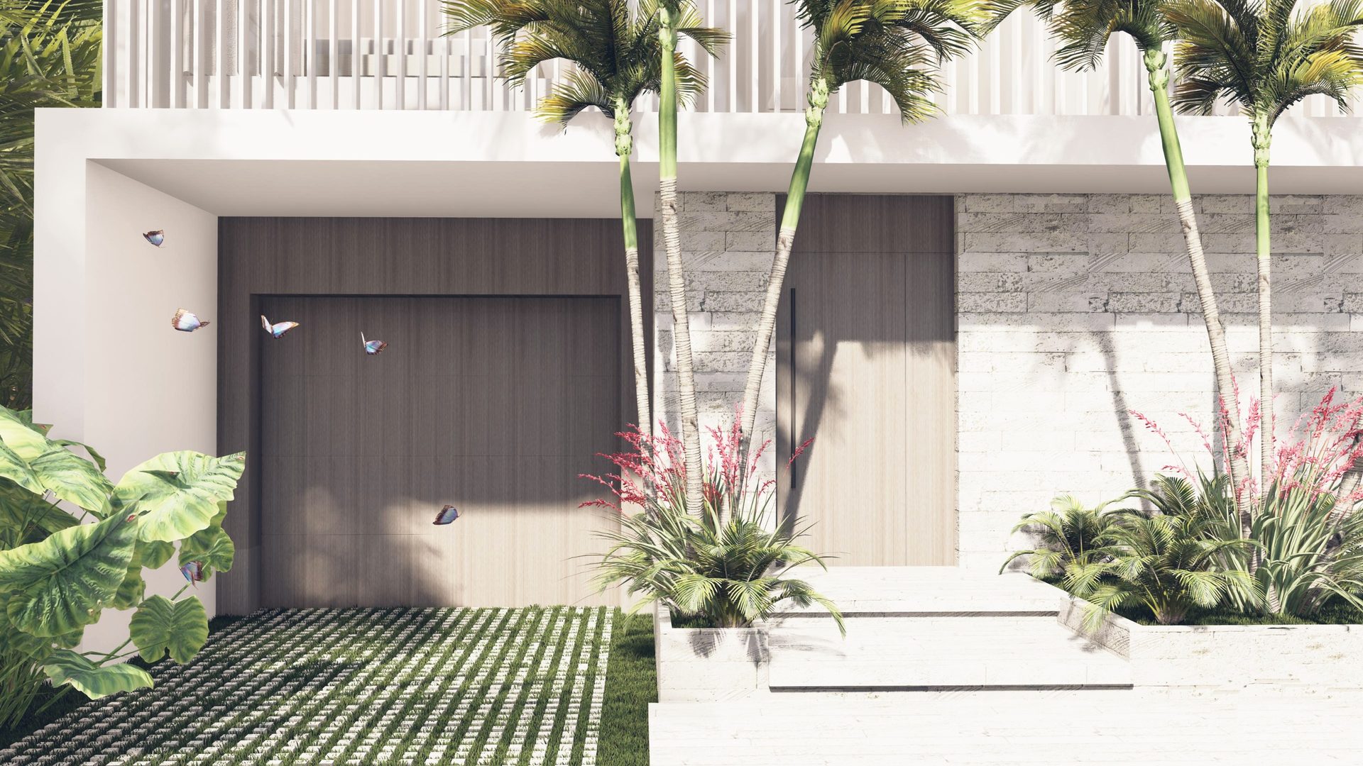 Hendricks Isle residence in Fort Lauderdale — layered stone facade, louvered privacy screen, and lush tropical planting