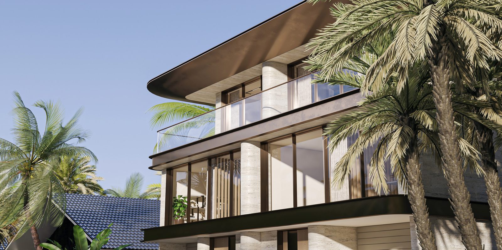 Waterfront beach house luxury duplex — curved rooflines and full-height glazing among the palms